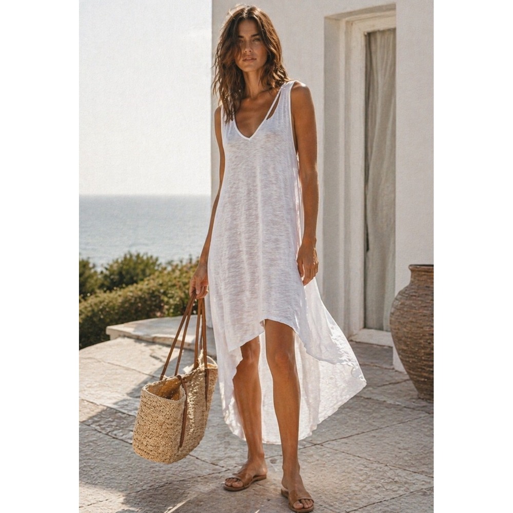 Michelle Comune Asymmetrical Hi Low Dress White Burnout Minimalist M